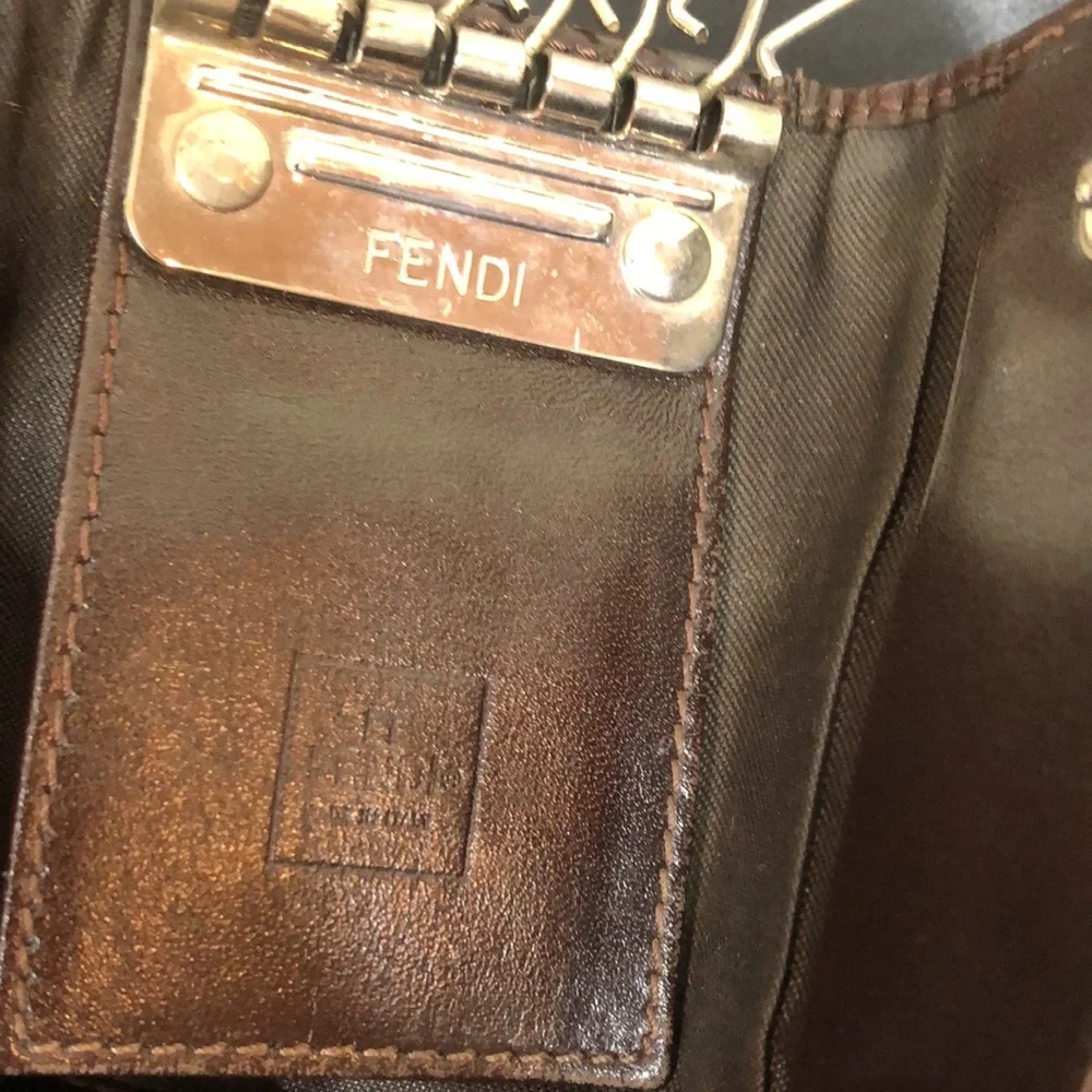 FENDI Zucca Navy Canvas Brown Leather Trim Snap Trifold Keycase
